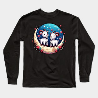 Valentine Goats Lovers Couple on Moon Long Sleeve T-Shirt